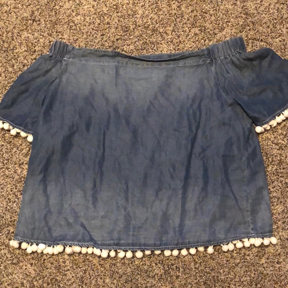 denim colored pom pom off the shoulder shirt - Picture 1 of 2